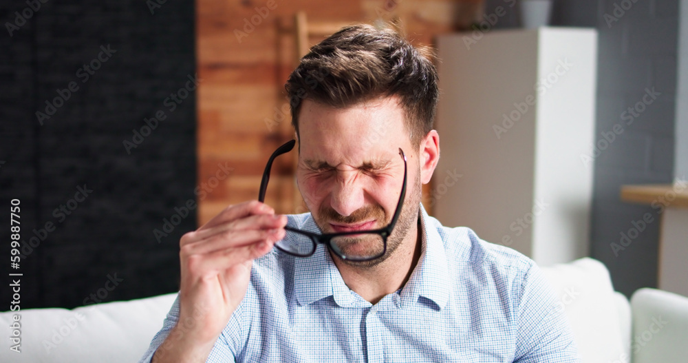 Eye Pain And Inflammation. Man With Retina Fatigue Eye Pain And Inflammation. Man With Retina Fatigue
