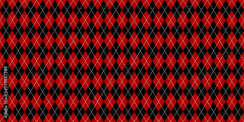 Harlequin seamless pattern in red, and black colors. Argyle classic fabric design. Diamond or lozenge simple background. Joker geometric vector wallpaper. Venetian rhombus carnival ornament.