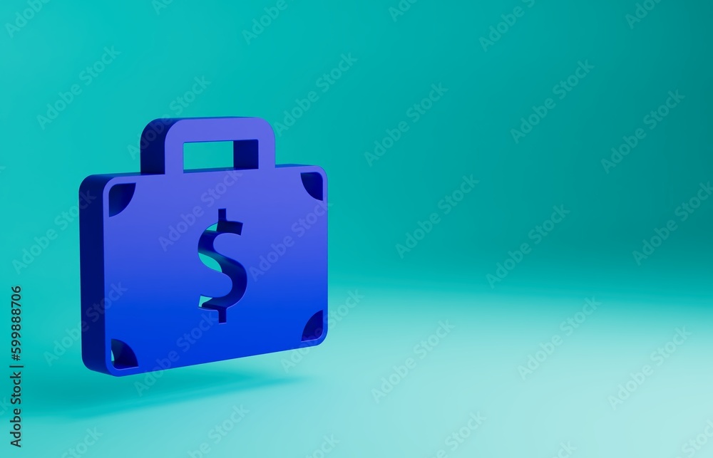 Blue Briefcase and money icon isolated on blue background. Business case sign. Business portfolio. Minimalism concept. 3D render illustration Blue Briefcase and money icon isolated on blue background. Business case sign. Business portfolio. Minimalism concept. 3D render illustration
