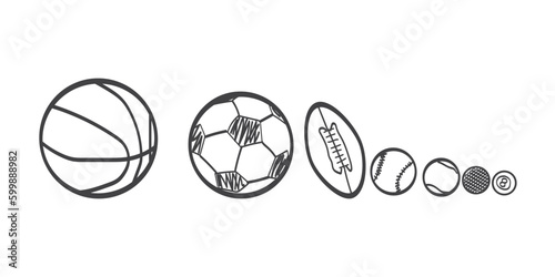hand drawn set of sports equipment and different balls 