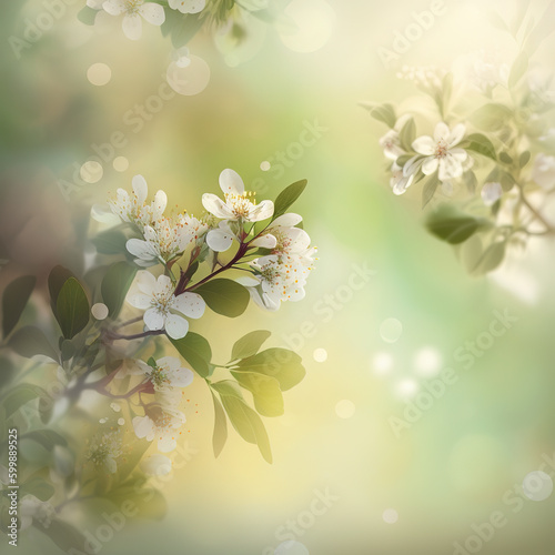 A floral picture of a tree with white flowers and green leaves. Generative AI © Tatiana