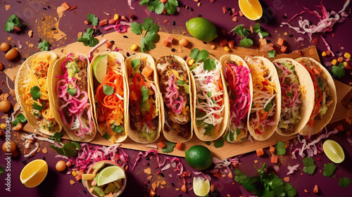Traditional Mexican tacos with meat and vegetables on bright background, top view, ai illustration 