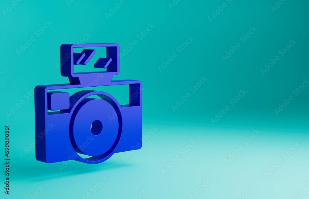 Blue Photo camera with lighting flash icon isolated on blue background. Foto camera. Digital photography. Minimalism concept. 3D render illustration Blue Photo camera with lighting flash icon isolated on blue background. Foto camera. Digital photography. Minimalism concept. 3D render illustration
