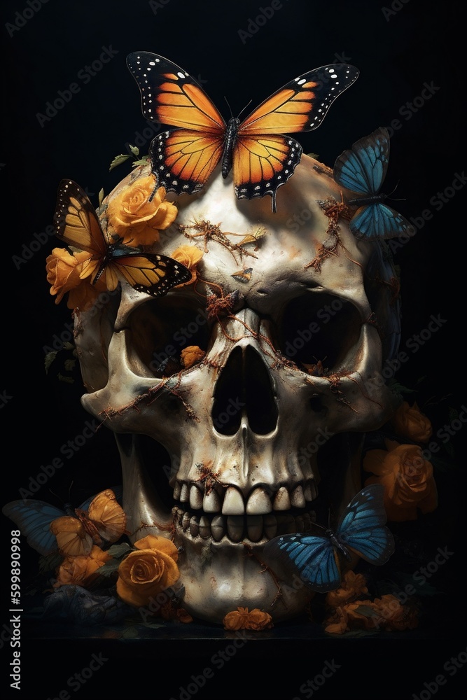 halloween bone butterfly illustration art flower death skeleton skull design. Generative AI.