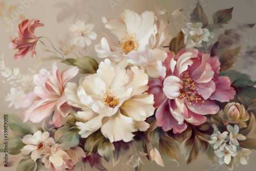 Fototapeta Naklejka Na Ścianę i Meble -  watercolor background wallpaper elegant flower seamless peony illustration leaf design delicate. Generative AI.