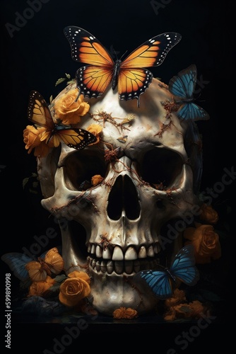 halloween bone butterfly illustration art flower death skeleton skull design. Generative AI.