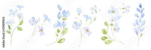 Watercolor Pink and blue wild flowers, branches, leaves and twigs. Watercolor bouquet , wreaths and borders with wild pink and blue flowers,