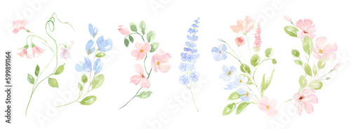 Fototapeta Naklejka Na Ścianę i Meble -  Watercolor Pink and blue wild flowers, branches, leaves and twigs. Watercolor bouquet , wreaths and borders with wild pink and blue flowers,