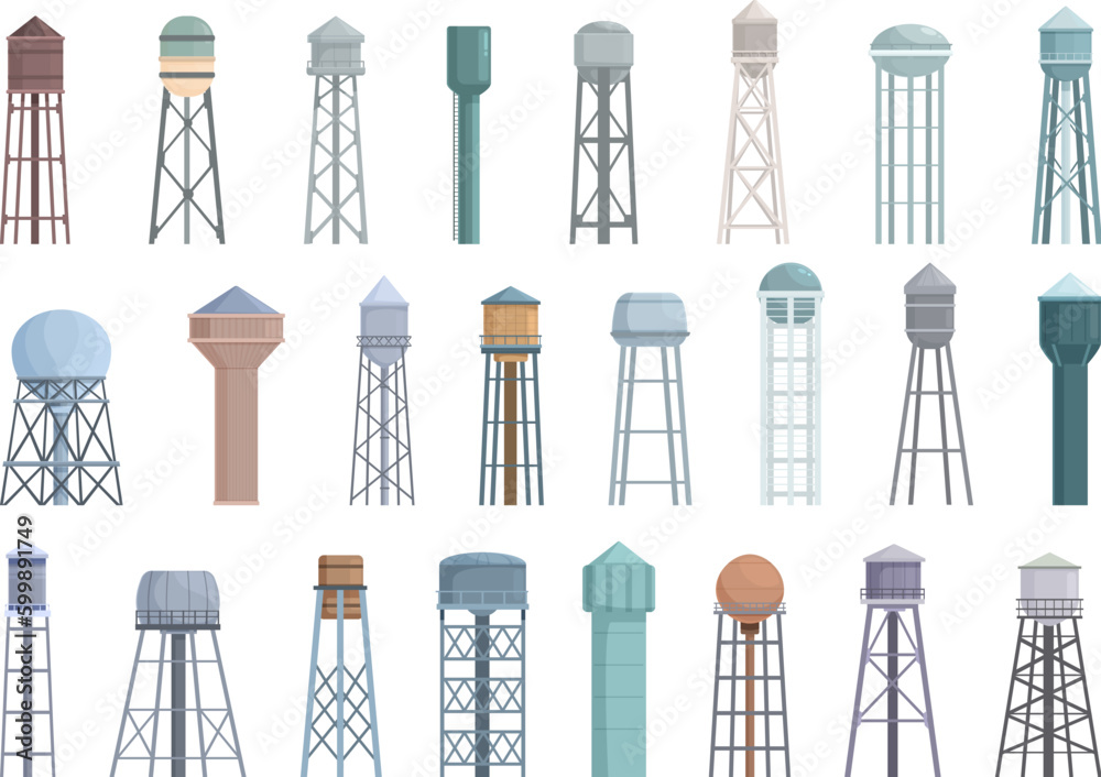 Fototapeta premium Water tower icons set cartoon vector. Industrial tank. Construction tower