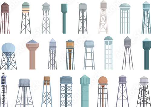 Water tower icons set cartoon vector. Industrial tank. Construction tower photo