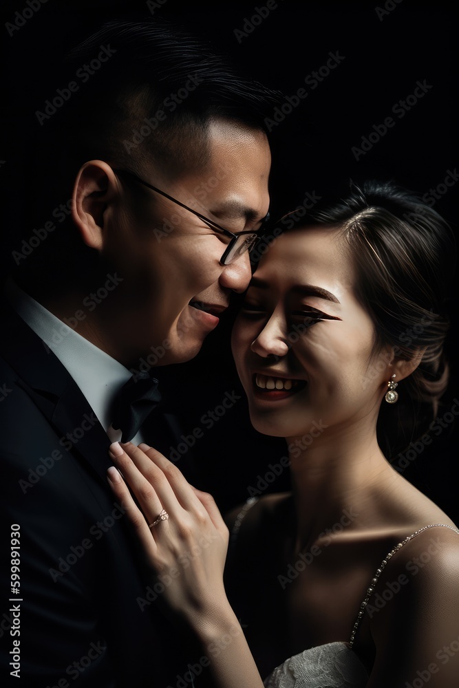 Happy Handsome Groom and Beautiful Bride Pre-Wedding photography, Minimal style, generative AI