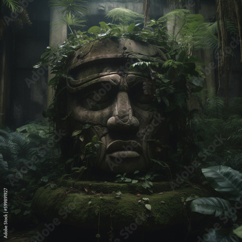 an olmec statue in the middle of a forest Generative Ai photo