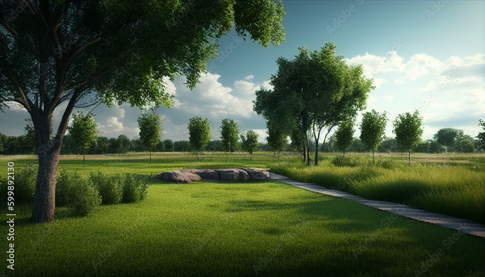 Vibrant green grassy park field, a refreshing outdoors concept, Generative AI