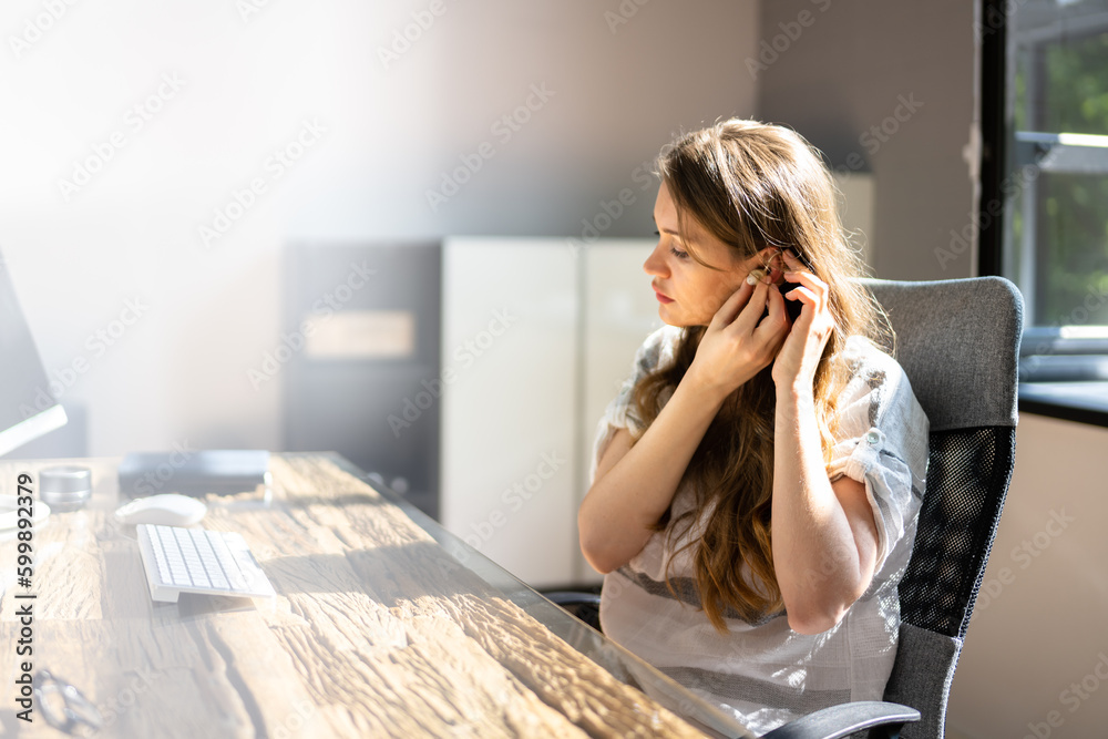 Hearing Aid And Audiology. Woman Hearing Aid And Audiology. Woman