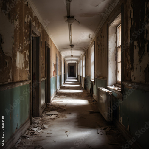 A long hallway with peeling paint on the walls Generative Ai
