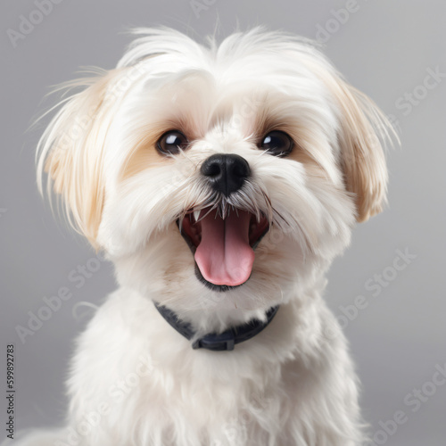 A small white Shih Tzu dog with a black collar isolated on a white background Generative Ai