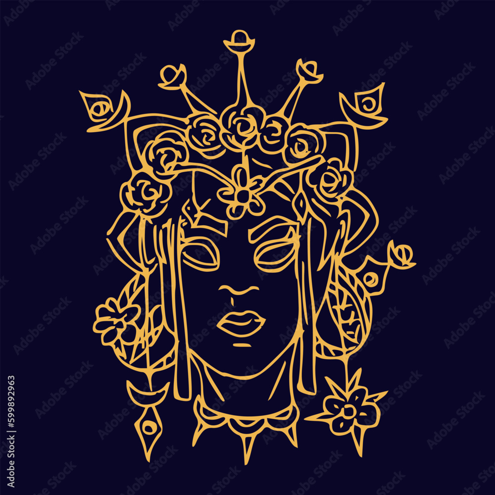 Mystery girl witn crown and flowers Hand draw boho fantasy portrait for poster or t-shirt