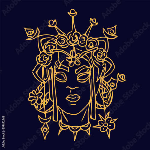 Mystery girl witn crown and flowers Hand draw boho fantasy portrait for poster or t-shirt