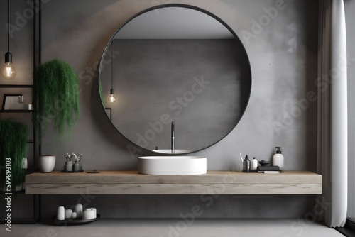 clean concrete design luxury room bathroom sink interior home gray mirror. Generative AI.