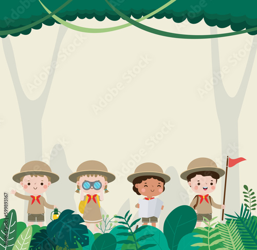 kids summer camp background education Banner Template,group of kids Scouts goes on a long walk in the forest, advertising brochure cartoon poster flyer your text ,Vector Illustration