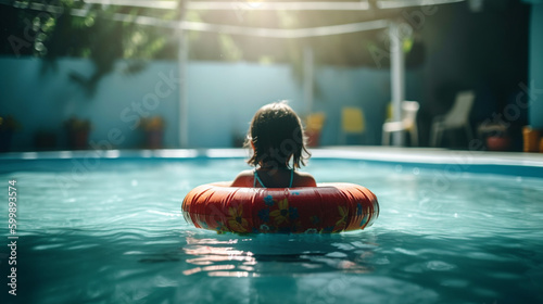 Child floating on inflatable ring at pool. Generative Ai