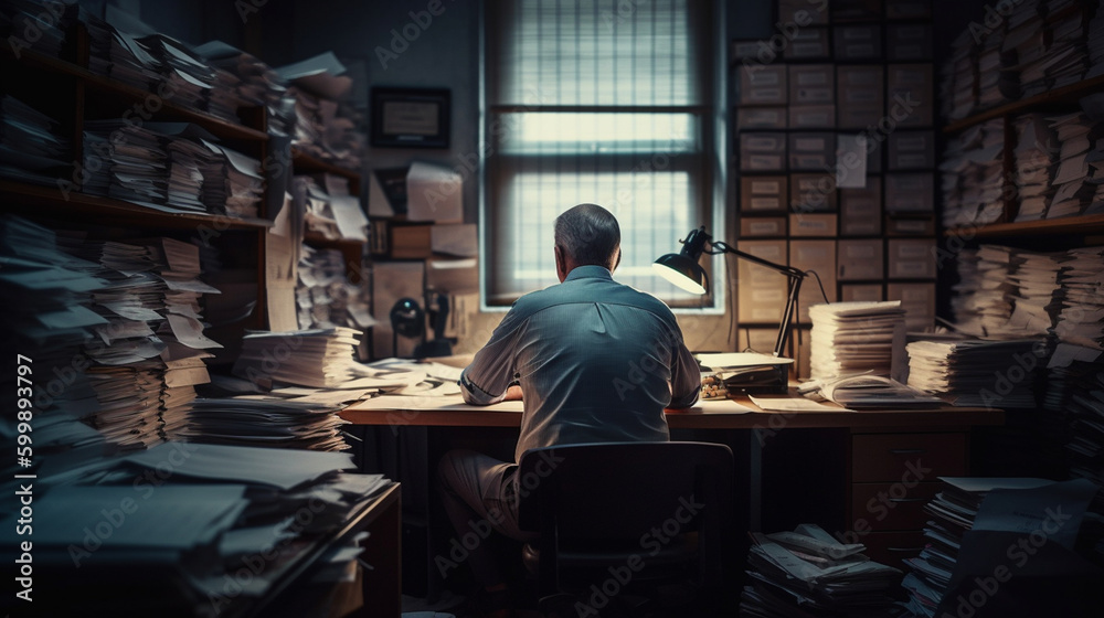 Back view of man working at office with a many documents. Generative Ai