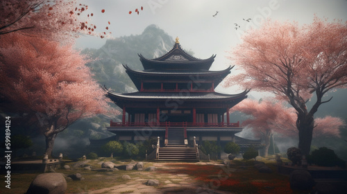 Chinese temple with cherry blossoms. Generative Ai