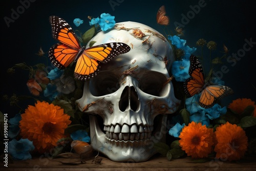 butterfly flower illustration death bone design skeleton halloween skull art. Generative AI.