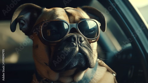 Dog in eyeglasses sitting in the car. Generative Ai © andranik123
