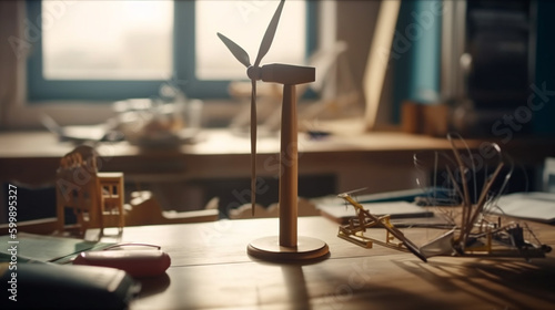 Wind turbines on the table. Alternative energy concept. Generative Ai