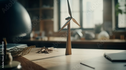 Wind turbines on the table. Alternative energy concept. Generative Ai