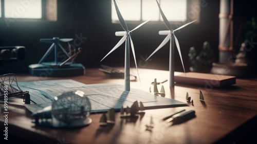 Wind turbines on the table. Alternative energy concept. Generative Ai