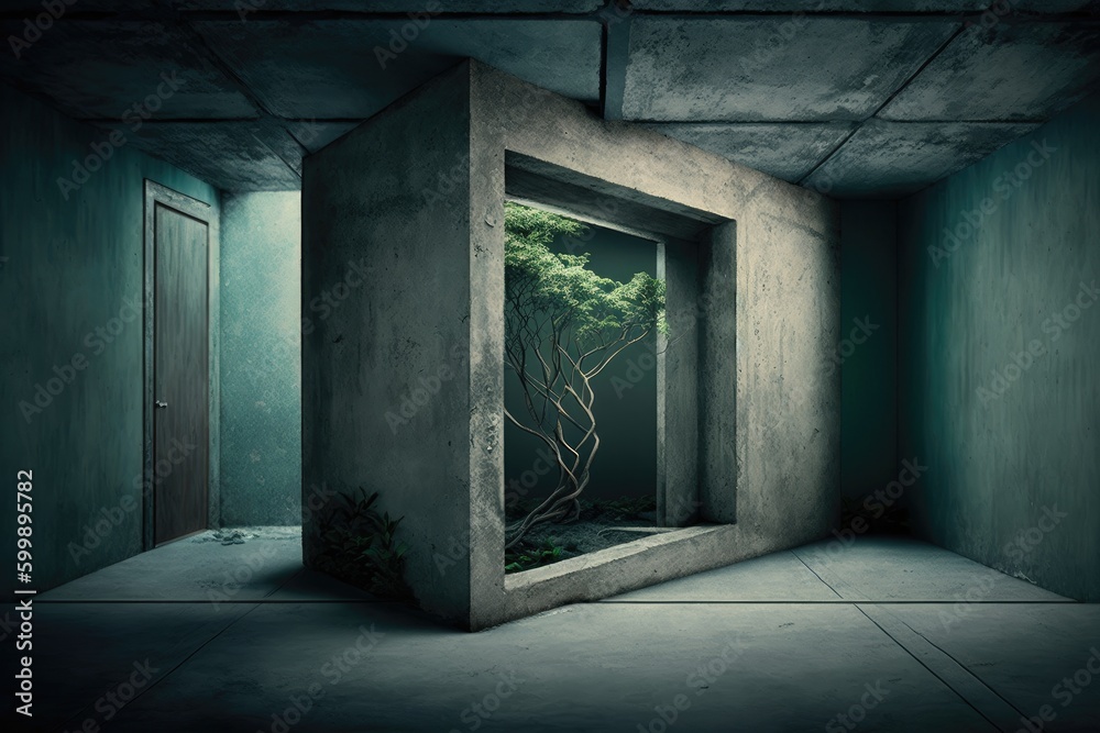 Dark concrete room with green tree inside Dark concrete room with green tree inside