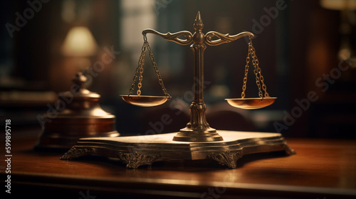 Law and justice concept. Scales of justice on wooden table. Generative Ai