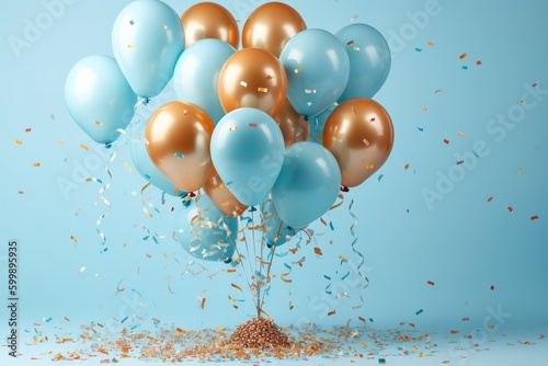 birthday party balloons with confetti on light blue background
