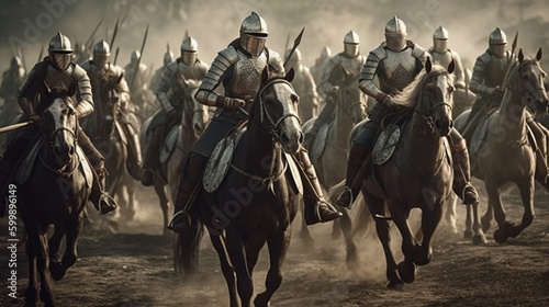 Medieval battle. Group of knights in armor on horseback. Generative Ai