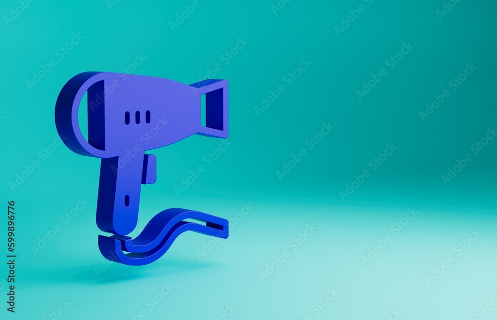 Blue Hair dryer icon isolated on blue background. Hairdryer sign. Hair drying symbol. Blowing hot air. Minimalism concept. 3D render illustration Blue Hair dryer icon isolated on blue background. Hairdryer sign. Hair drying symbol. Blowing hot air. Minimalism concept. 3D render illustration