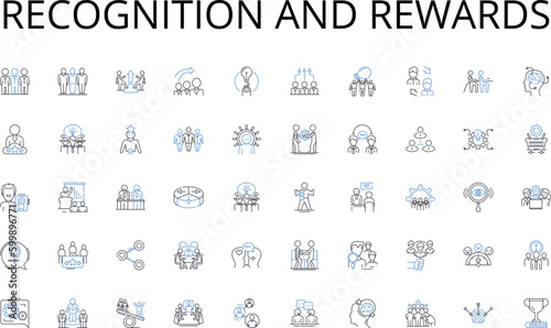 Recognition and rewards line icons collection. Hospitality, Accommodation, Lodging, Hosting, Hosting services, Hosting fees, Reservation vector and linear illustration. Check-in,Check-out,Property photo