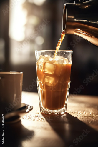 Pouring traditional Indian masala chai tea in glass, dark moody photo. Generative AI