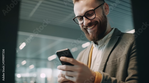 Smiling man looking at smart phone in airport, generative ai