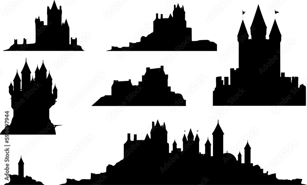 Vektor Set: Silhouetten mittelalterliche Burgen, Festungen, Schlösser und Türme