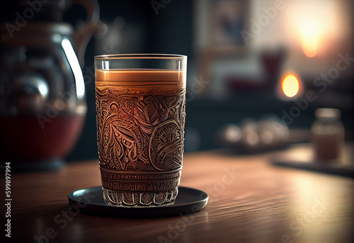 Masala chai. Indian traditional chai tea in a glass with spices. Copy space Generative AI
