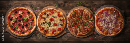 Italian pizza set for menu, panoramic composition on a wooden rustic table - Traditional Italian Cuisine. Meat pizzas with mozzarella, salami, sausages, pepperoni and ham. Generative AI