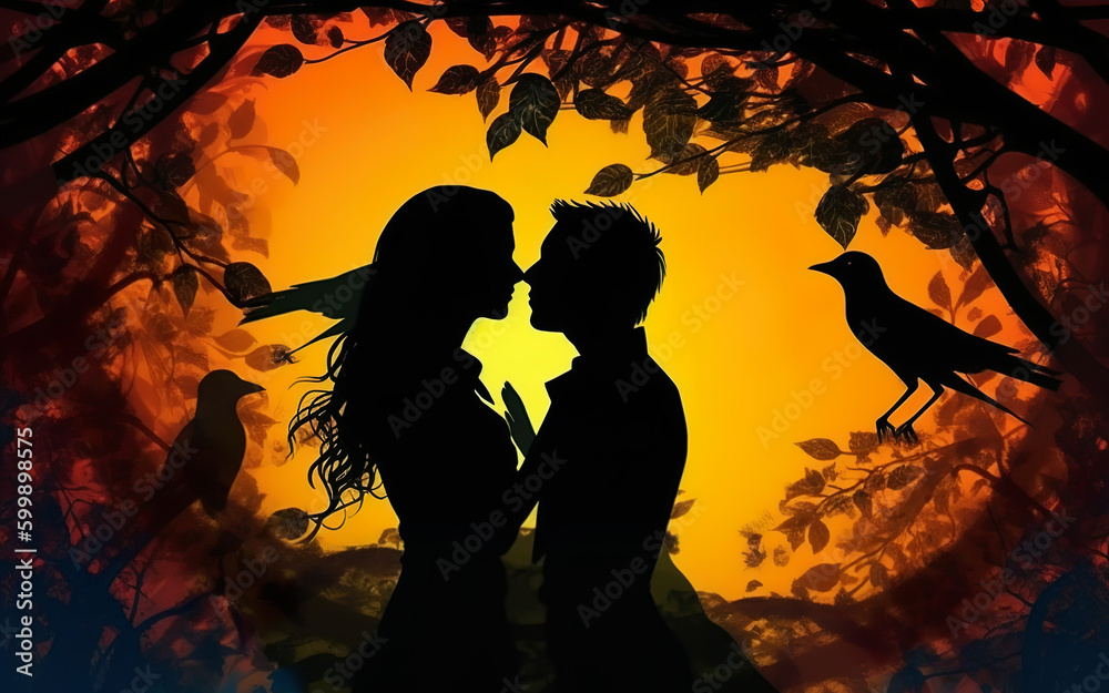 Representation of love, romance and wedding. For invitation, greeting card, background or banner use. Their silhouettes create a symbol of love in a beautiful, artistic way. AI generated illustration.