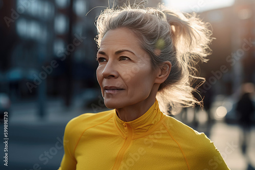 Portrait of 50 years old woman in yellow sport clothes running. Female doing stretching, exercises before run in the city - Elderly Sporty people lifestyle concept. Generated Ai