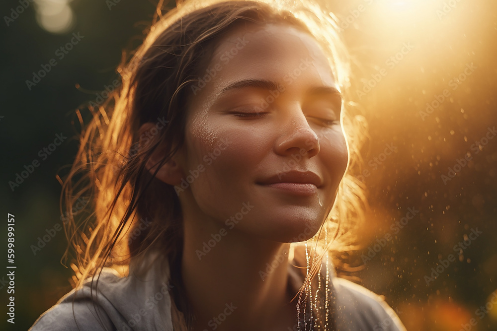 Asian beautiful woman is taking a deep breath in park with good and fresh air and Ozone ,  Generatived AI.