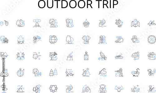 Outdoor trip line icons collection. Stock, Supply, Assets, Management, Tracking, Monitoring, Audit vector and linear illustration. Reorder,Demand,Distribution outline signs set