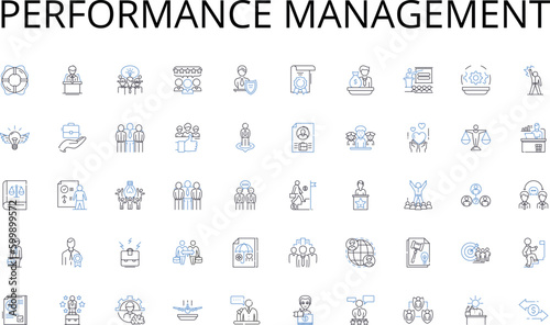 Performance management line icons collection. Desk, Chair, Cabinet, Bookcase, Shelf, Table, Conference vector and linear illustration. Reception,Partition,Filing outline signs set photo