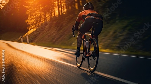 A cyclist rides on a road with a blurry background