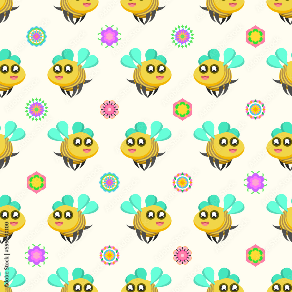 Obraz premium Seamless Pattern Abstract Elements Different Bee Insect Beetle With Flower Vector Design Style Background Illustration Texture For Prints Textiles, Clothing, Gift Wrap, Wallpaper, Pastel